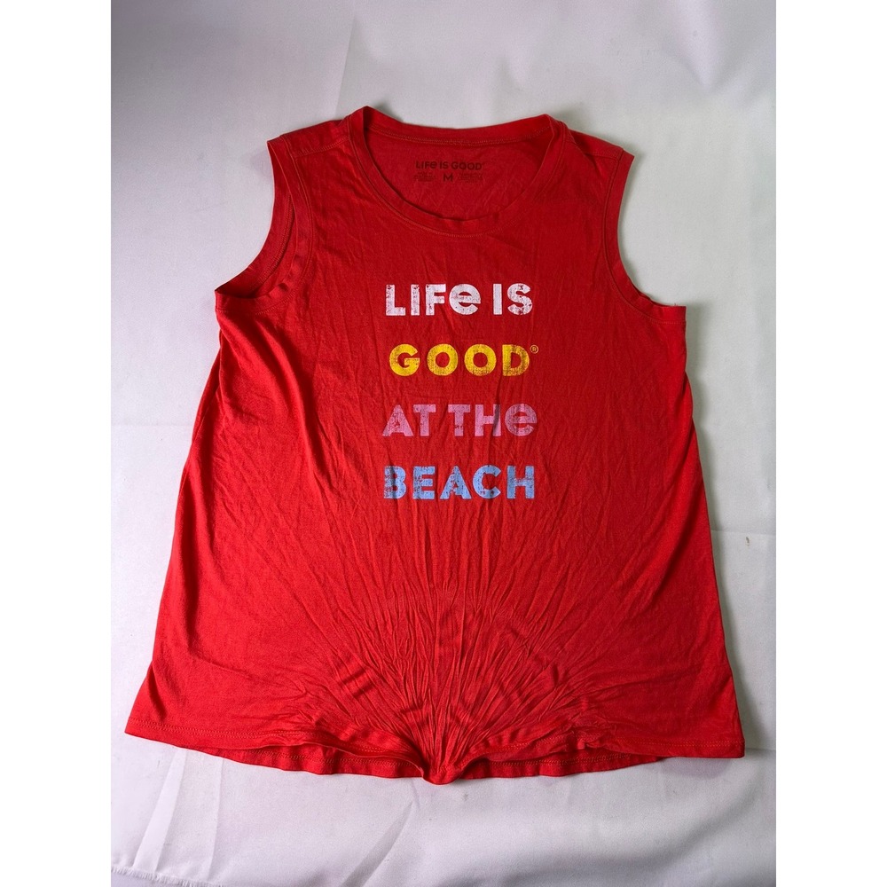 Life is Good Womens Muscle Tank Top Red Beach Graphic Twist Front Medium NWT